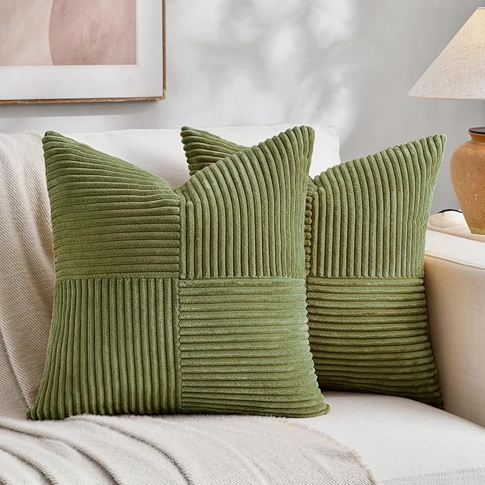 Fancy Homi 2 Packs Moss Green Samll Decorative Throw Pillow Covers 14x14 Inch with for Couch Bed Sofa, Rustic Farmhouse Boho Home Decor, Soft Corss Patchwork Corduroy Square Cushion Case 35x35 cm