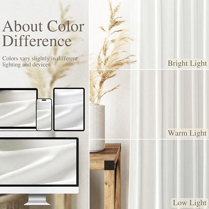 Extra Long Off White Curtains 105 inches Long 2 Panels Set for Bedroom Back Tab Opaque Draperies Urban Farmhouse Traditional Semi Sheer White Linen Curtains for Large Bay Window Glass Sliding Door