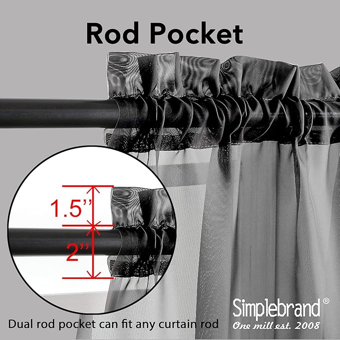 Simplebrand Black Sheer Curtains 96 Inches Long, Light Filtering Rod Pocket Solid Color Window Sheer Curtain Panels, Elegant Curtains & Drapes for Living Room, Bedroom 2 Panels (Black, 42" W x 96" L)