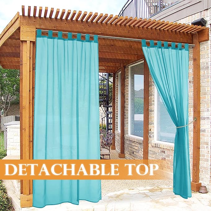 RYB HOME Outdoor Sheer Curtain for Patio, Self-Sticky Tabs Top Waterproof Breathable Voile Curtain with 1 Tieback, Privacy & UV Protection for Porch Deck Pergola, W 54" x L 108", 1 Panel, Teal