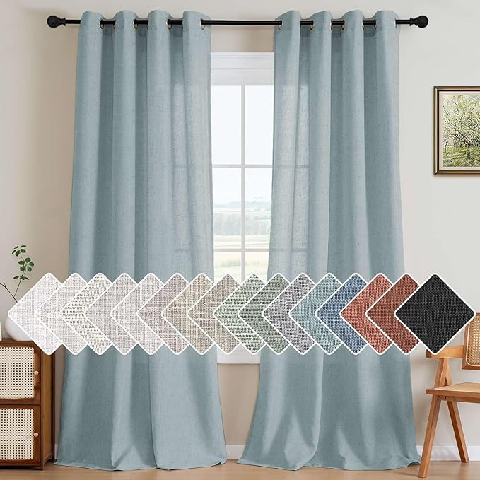 H.VERSAILTEX Living Room Linen Curtains - Semi Sheer, Nickel Grommet, Energy Saving, Light Filtering Window Treatments - Cloud Blue, 2 Panels, 52 x 84 Inch
