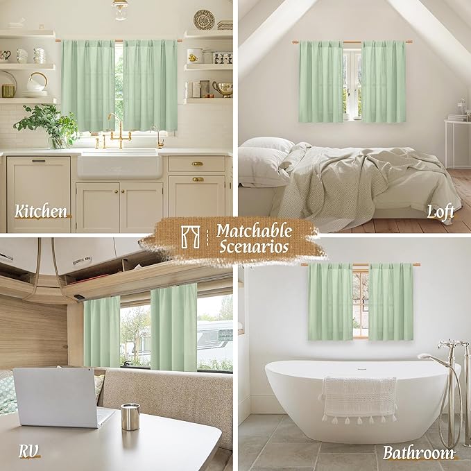 LAMIT Small Window Linen Curtains, 45 Inch Length Light Filtering Faux Linen Textured Neutral Decorative Rod Pocket Drapes for Bedroom, Light Green, 2 Panels Set, 42 X 45 Inch