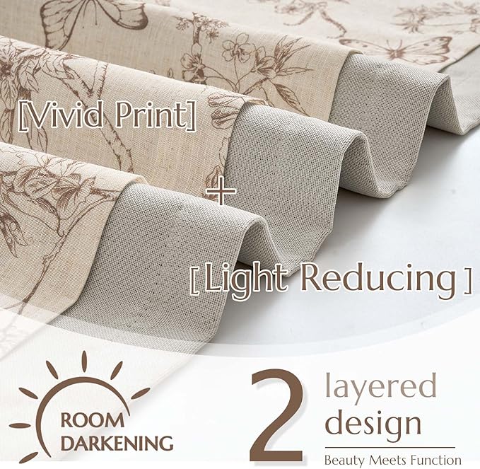 jinchan Floral Curtain Valance for Windows 16 Inch Linen Valance for Kitchen Living Room Rustic Cottage Farmhouse Flower Butterfly Curtain Rod Pocket 1 Panel Double Layer Blackout Taupe on Beige