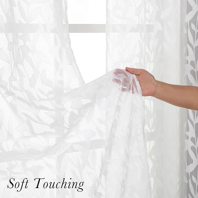Lecloud Leia White Sheer Curtains 84 Inches Long 2 Panels, Semi Sheer Jacquard Clip Leaves Texture Dual Rod Pockets Living Room Curtains, Airy Gauzy Drapes for Bedroom, 38x84 Inch