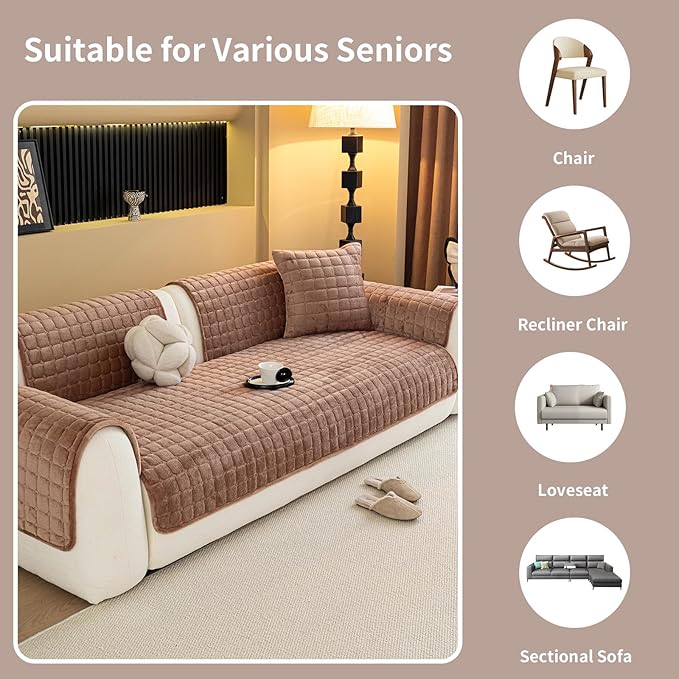 Velvet Couch Cover, Plush Sectional Sofa Cover Washable, Anti Slip Sofa Slipcover for Armrest & Backrest, Furniture Protector Covers for Pets & Kids(1PC, Dark Brown, 27.6"×27.6")