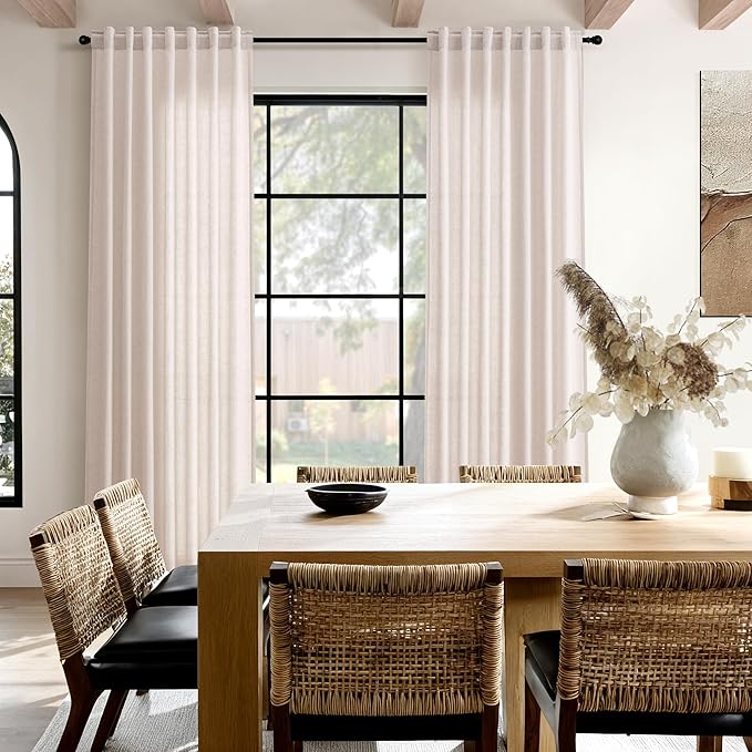 Nanspring Natural White Linen Curtains 96 Inches Long for Living Room Light Filtering Neutral Farmhouse Decor Curtains Back Tab and Rod Pocket Privacy Sheer Curtain for Bedroom 52x96, 2 Panels