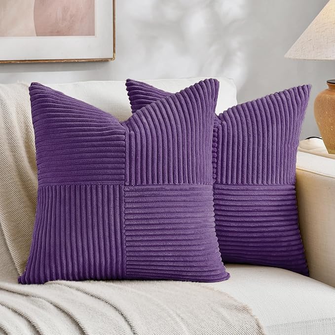 Fancy Homi 2 Packs Purple Big Decorative Throw Pillow Covers 24x24 Inch for Living Room Couch Bed, Farmhouse Boho Home Decor, Soft Corss Corduroy Patchwork Accent Square Cushion Case 60x60 cm