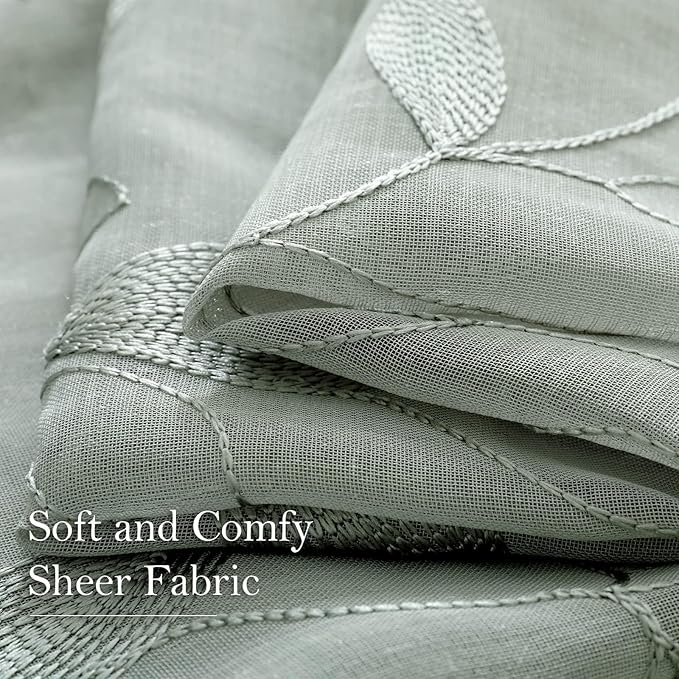 HOMEIDEAS Sage Green Sheer Curtains 52 x 54 Inch Length 2 Panels Embroidered Leaf Pattern Short Curtains for Bedroom Half Small Window Rod Pocket Kitchen