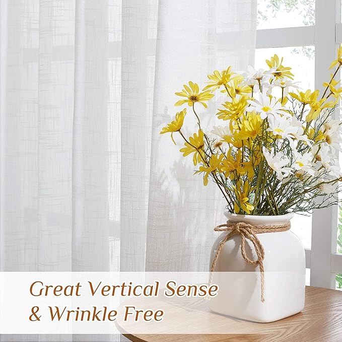 NICETOWN White Faux Linen Semi Sheer Curtains 63 inch Length for Bedroom, Rod Pocket & Back Tab Window Treatments Privacy with Light Filter Farmhouse Sheer Drapes for Living Room, 52" Width, 1 Pair