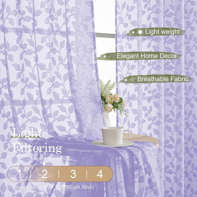 Chyhomenyc Light Purple Sheer Curtains 63 Inch Length 2 Panels Set, Light Filtering Tufted Textured Soft Airy Rod Pocket Cute Leaf Window Treatment Drapes for Bedroom Living Room, 42" Wx63 L, 2PCS