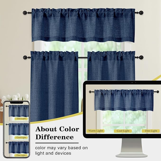 Valances for Windows, Light Filtering Faux Linen Textured Small Short Window Curtain for Bathroom Basement Farmhouse, Rod Pocket Top Half Curtains for Windows, Navy Blue 52Wx14L Inch