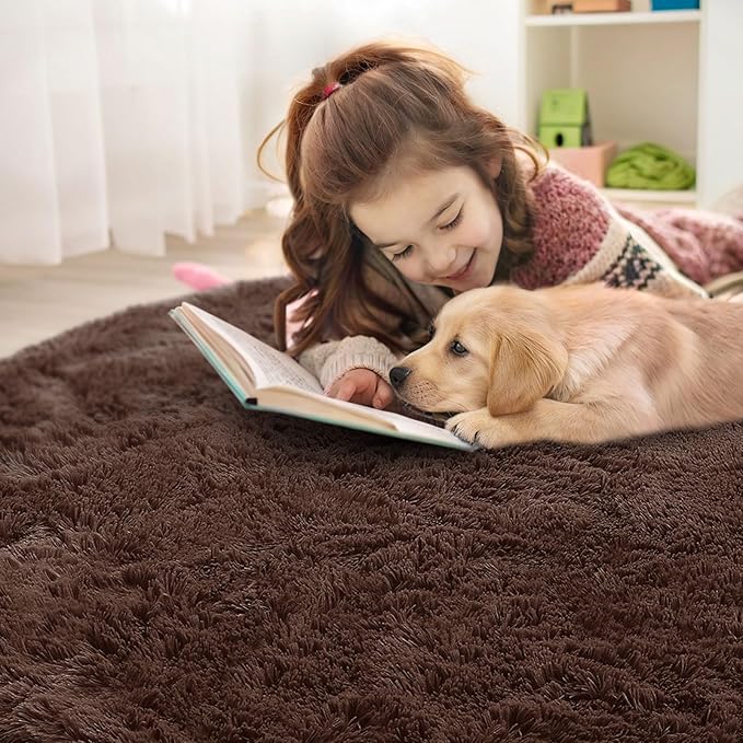 OLANLY Coffee Round Rugs for Bedroom - Machine Washable, 6 ft Circle Area Rugs for Living Room, Soft and Fluffy Shaggy Carpet for Teen Girls and Boys, Nursery Rooms, Dorms, Home Decor Aesthetic