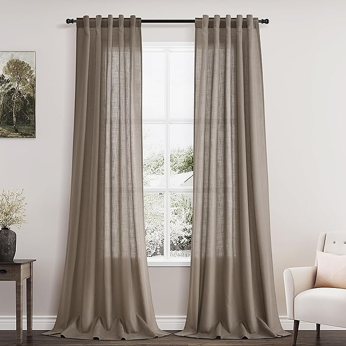 Dark Taupe Flax Linen Curtains 90 Inches Long for Bedroom 2 Panels Back Tab Loop Pocket Privacy Neutral Semi Sheer Curtains Country Rustic Farmhouse Light Filtering Drapes for Living Room 40x90