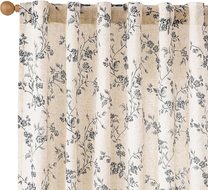 Lazzzy Farmhouse Linen Curtains Black Floral Curtains 96 Inch Length Back Tab Drapes for Living Room Bedroom Light Filtering Country Vintage Rod Pocket Curtain, 2 Panels, Black on Beige