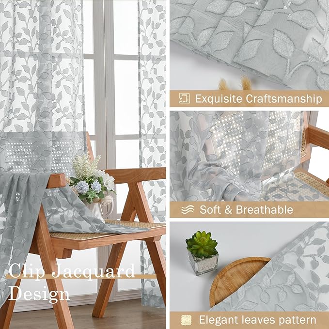 Chyhomenyc Light Grey Short Curtains 45 Inch Length 2 Panels, Light Filtering Leaf Textured Window Curtain Panels for Bedroom Living Room, Elegant Rod Pocket Farmhouse Curtains, 30" Wx45 L, 2 PCS