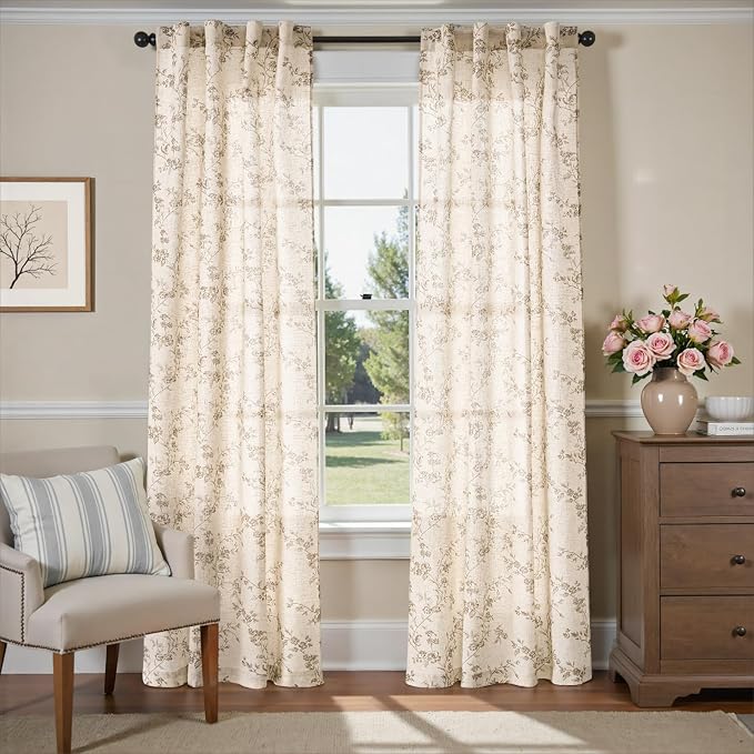 Lazzzy Taupe Floral Linen Curtains 84 Inch Farmhouse Back Tab Drapes for Living Room Bedroom Light Filtering Vintage Grandmillennial Rod Pocket Curtains, 2 Panels, W38 x L84, Taupe on Beige