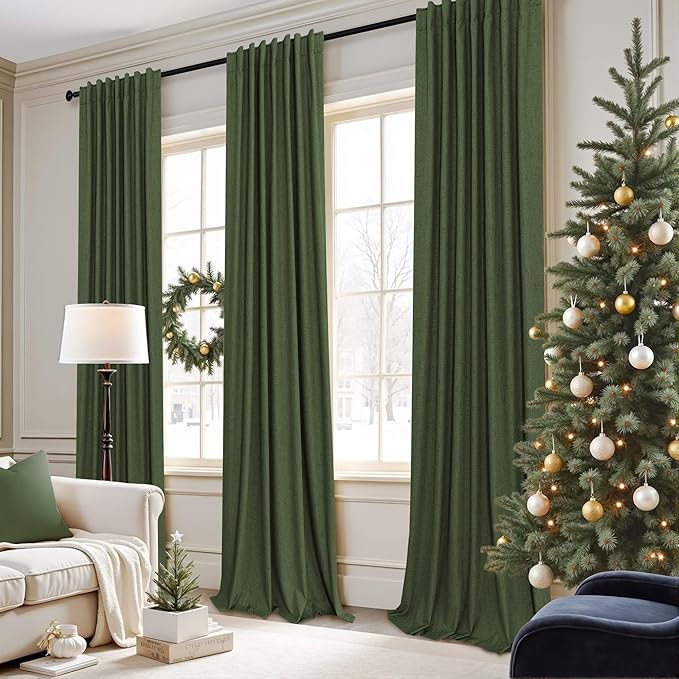 Ptialk Elegant Blackout Curtains for Living Room Eclectic Moody Dark Olive Green Linen Curtains 72 Inch Length 2 Panels Set Long Drapes for Closet Cover Back Tab Rod Pocket Hunter Green 52x72