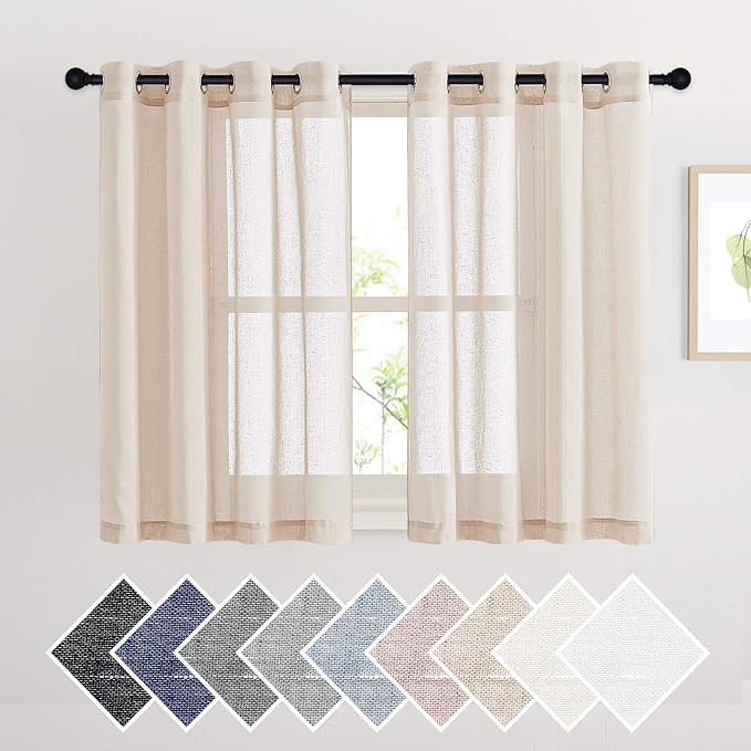 NICETOWN Short Linen Curtains Semi Sheer 45" L for Bedroom, Grommet Natural Open Weave Vertical Flax Small Window Panels Privacy with Light Filter for Kitchen/Cafe, 52" W, Beige, 1 Pair