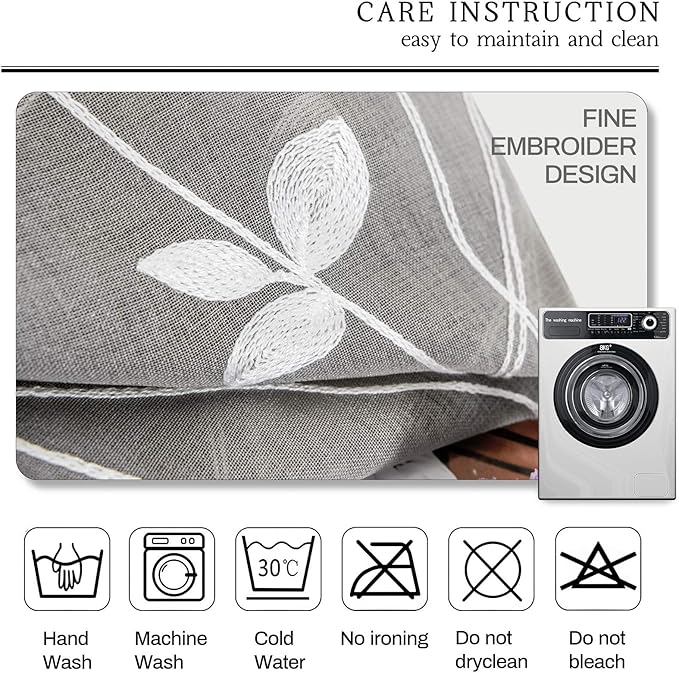 AmHoo 2 Panels Embroidered Leaf Pattern Semi Sheer Curtains Foliage Floral Voile Window Draperies Treatment for Bedroom Living Room Rod Pocket Light Gray 53 x 84 Inch