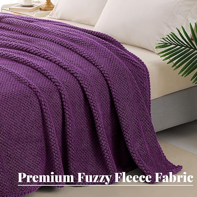 Whale Flotilla Queen Size Fuzzy Fleece Blanket for Bed, 90x90 Inch Fluffy Warm Soft Jacquard Blankets for All Season, Lightweight and Cozy, Purple