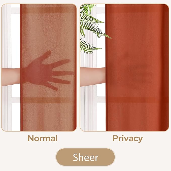 HOMEIDEAS Non-See-Through Fall Burnt Orange Privacy Sheer Curtains, 52 X 96 Inches Long 2 Panels Sheer Curtains Light Filtering Window Drapes for Bedroom Living Room