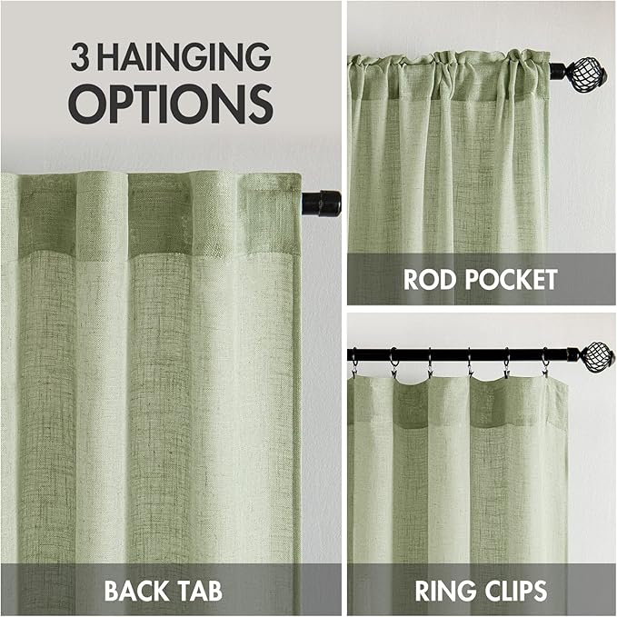MIULEE Sage Green Linen Curtains 63 Inch Length 2 Panels for Bedroom Living Room, Soft Thick Linen Textured Kitchen Window Drapes Semi Sheer Light Filtering Back Tab Rod Pocket Burlap Look Decor