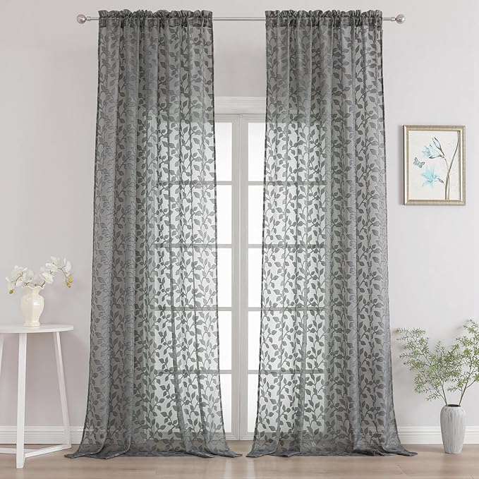 Chyhomenyc Extra Long Charcoal Grey Sheer Curtains 120 Inch Length 2 Panels Set, Light Filtering Tufted Textured Soft Airy Rod Pocket Leaf Window Treatment Drapes for Living Room, 52" Wx120 L, 2PCS