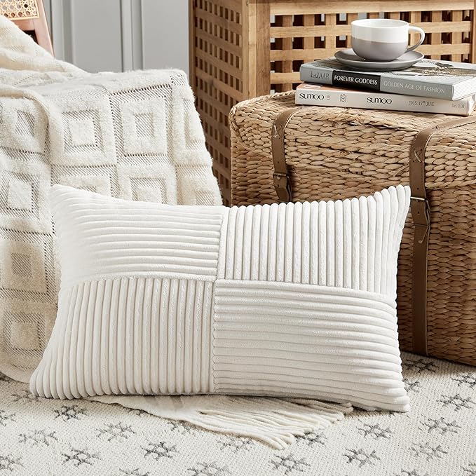 Fancy Homi 2 Packs Cream White Lumbar Decorative Throw Pillow Covers 16x28 Inch for Couch Bed Sofa, Rustic Farmhouse Boho Home Decor, Soft Striped Corduroy Rectangle Accent Cushion Case 40x70 cm