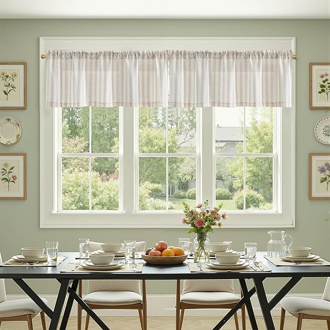 jinchan Striped Valance Farmhouse Window Treatment Linen Textured Drapes for Small Windows Kitchen Living Room RV Vintage Light Filtering Valance 16 Inch Rod Pocket 1 Panel Taupe Grey on Linen
