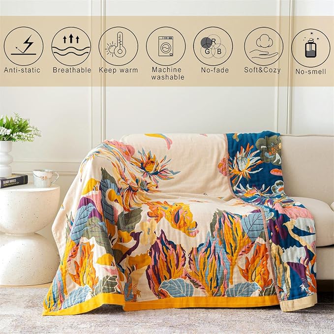 MSGKV Boho Throw Blanket for Bed 100% Cotton Throw Floral Couch Blanket 80''x90'', Spring Breathable Travel Muslin Blanket for Women Home Decor