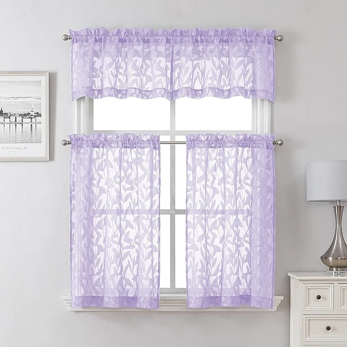 Lecloud Leia Light Purple Sheer Kitchen Curtains 24 Inch Length 2 Panels, Jacquard Textured Leaf Voile Short Curtains with Dual Rod Pocket, Farmhouse Bedroom Living Room Tiers, 38 W x 24 L