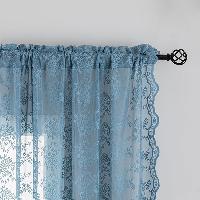 YJ YANJUN Vintage Lace Curtains 72 Inches Long 2 Panels Antique Boho Slate Blue Sheer Curtain for Playroom Living Room Bathroom Rod Pocket Semi Sheer Privacy Drapes W52 X L72 Dusty Grey Blue Denim