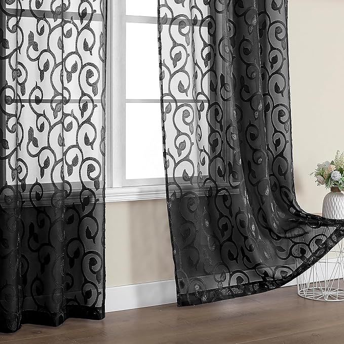 OWENIE Furman Sheer Black Curtains 90 inches Long for Bedroom Living Room 2 Panels Set, Light Filtering Soft Semi Sheer Jacquard Clip Farmhouse Curtains Rod Pocket Design, Each 52Wx90L inch