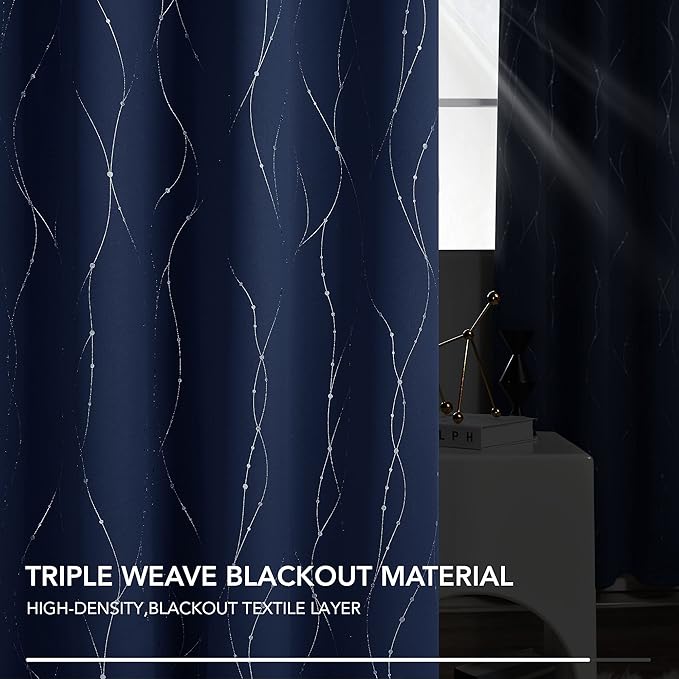 Deconovo Blackout Curtains, Thermal Insulated Noise‑Reducing Grommet Drapes, Wave Line Dot Foil Print, 38 x 54 Inch Long, 2 Panels, Machine‑Washable Window Curtains for Bedroom Living Room Kitchen