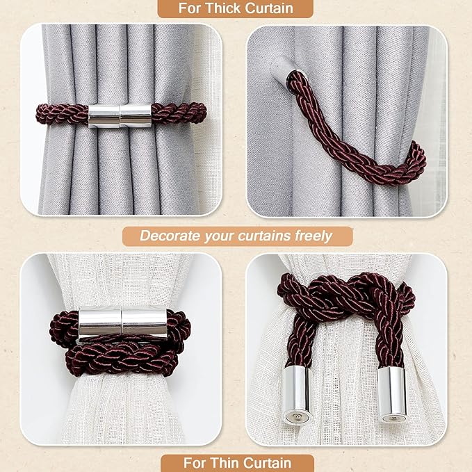 NICEEC 6 Pack Strong Magnetic Curtain Tiebacks Modern Simple Style Drape Tie Backs Convenient Decorative Weave Rope Curtain Holdbacks for Thin or Thick Home & Office Window Draperies (Deep Purple)