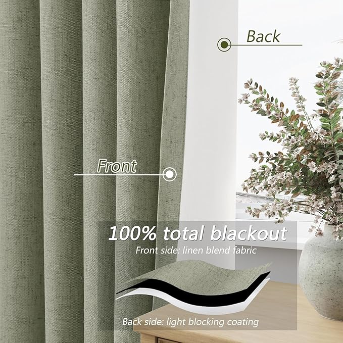 Guken Sage Green 100% Blackout Curtains 105 Inch Length 2 Panels Set for Living Room Bedroom Back Tab Thermal Insulated Black Out Linen Drapes Room Darkening Window Curtains