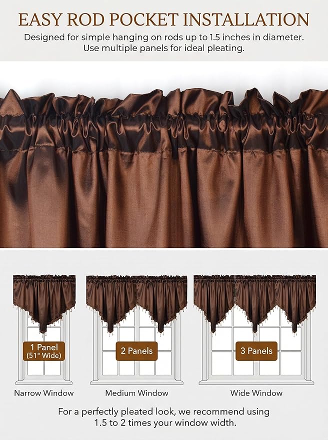 Molaxhome Swag Curtain 51 inch Length Rod Pocket Scalloped Curtain Valance Sheer Lace Panels with Hanging Crystal Beads for Kitchen Bedroom Window Treatments Drape Decor 1pc (Cloth Coffee, 51Wx23L)