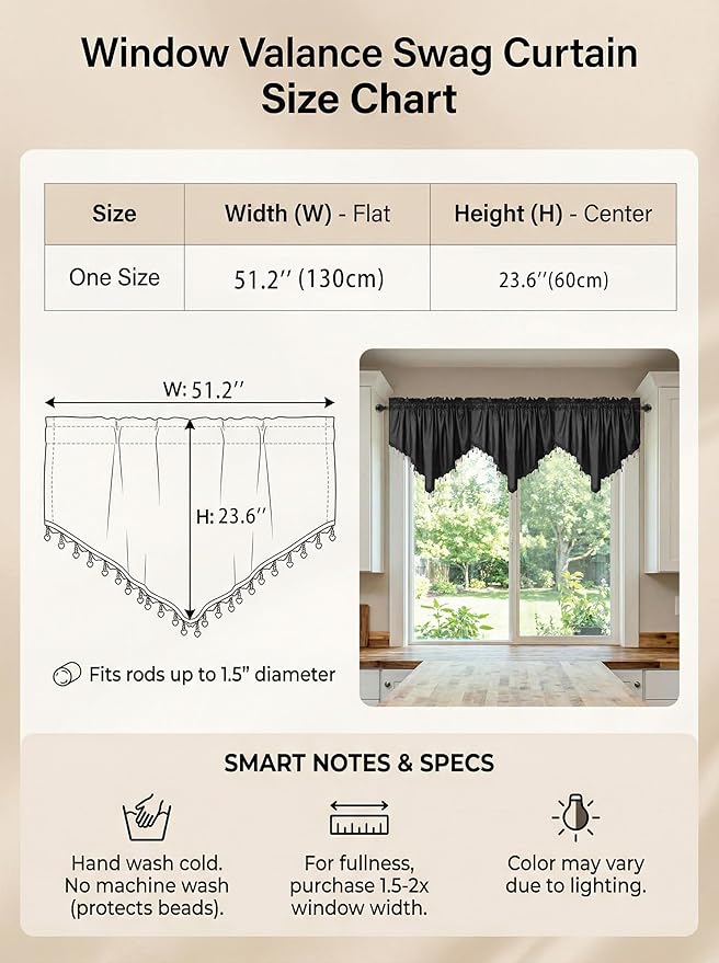 Molaxhome Swag Curtain 51 inch Length Rod Pocket Scalloped Curtain Valance Sheer Lace Panels with Hanging Crystal Beads for Kitchen Bedroom Window Treatments Drape Decor 1pc (Cloth Black, 51Wx23L)