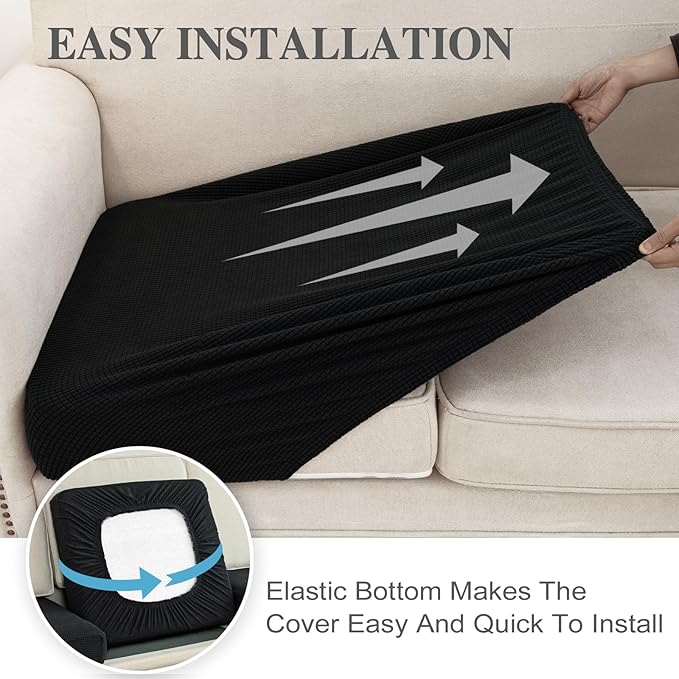 Couch Cushion Covers for Sectional Sofa L Shape Washable Separate Seat Chaise Couch Cover Stretch Sofa Slipcovers with 2 Pcs Pillowcases(2 Seater + 1 Chaise, Black)