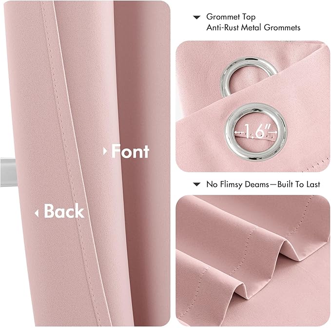 MIULEE Baby Pink Blackout Curtains for Girls Bedroom Living Room 64 Inches Long 2 Panels, Nursery Thermal Insulated Room Darkening Drapes Solid Grommet Top Noise Reducing Window Curtains 40x64 Inch