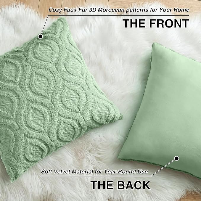 decorUhome Throw Pillow Covers 24x24 Inch Set of 2, Soft Plush Faux WoolSage Green Solid Couch Pillow Covers, Accent Euro Sham Farmhouse Neutral Square Pillow Cases for Sofa Bed Living Room