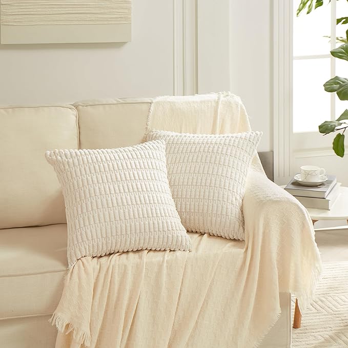 Fancy Homi 4 Packs Neutral Decorative Throw Pillow Covers 22x22 Inch for Living Room Couch Bed Sofa, Rustic Farmhouse Boho Home Decor, Soft Plush Striped Corduroy Square Cushion Case 55x55 cm