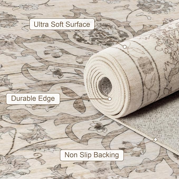 2x3 Area Rugs Living Room Rug: Washable Vintage Distressed Floral Rug No Slip Stain Resistant Soft Carpet Indoor Large Carpets for Bedroom Dining Room Farmhouse Nursery Hallway Home Office Brown Beige
