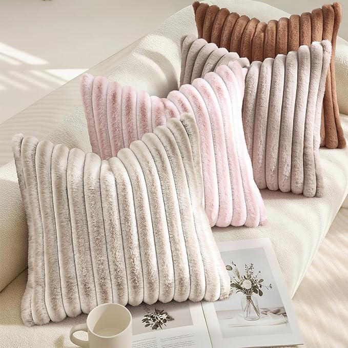 decorUhome Summer Cozy Faux Fur Throw Pillow Covers 12x20 Set of 2 Decorative Soft Plush Striped Lumbar Modern Farmhouse Boho Couch Pillow Cases with Velvet Back for Sofa Bed Living Room, Pink White
