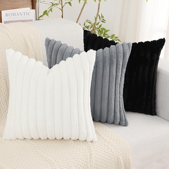 decorUhome Cozy Faux Fur Throw Pillow Covers 22x22 Set of 2 Decorative Soft Plush Striped Modern Farmhouse Boho Couch Euro Sham Pillow Cases with Velvet Back for Sofa Bed Living Room, Black