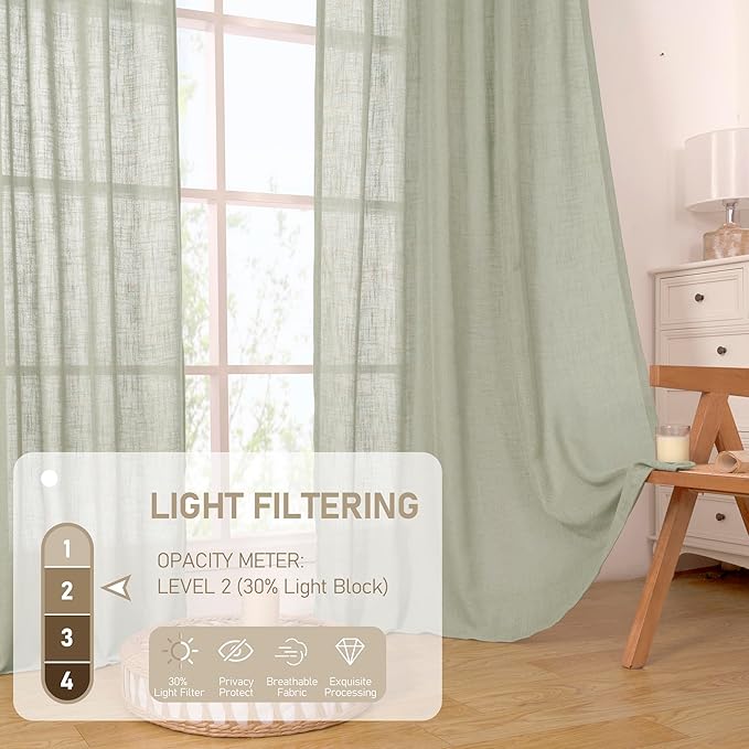 LAMIT Linen Curtains 63 Inch Length 2 Panels, Light Filtering Panels Back Tab and Rod Pocket Neutral Drapes for Bedroom/Window/Living Room, Sage Grey, 34 x 63 Inch