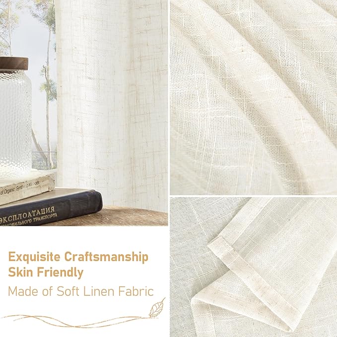 LAMIT Linen Curtains 102 Inches Long for Living Room, Bronze Grommet Linen Textured Sheer Curtains Light Filtering Panels for Boho Farmhouse, 2 Panels, 52 x 102 Inch, Cream