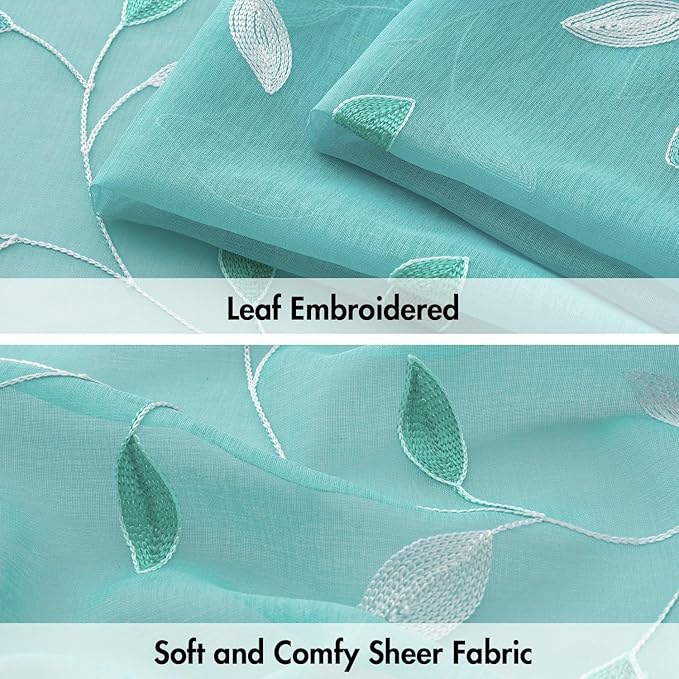 MIULEE Turquoise Sheer Curtains 2 Panels Embroidered Leaf Patterned Rod Pocket Floral Semi Sheer Faux Linen Window Curtains Drapes Set for Living Room Bedroom Dining Room, 52x63 Inches Long