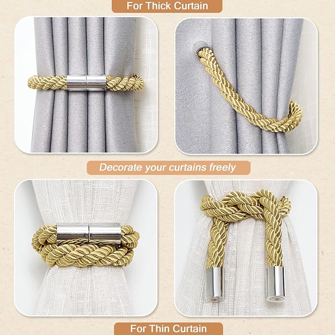 NICEEC 4 Pack Strong Magnetic Curtain Tiebacks Modern Simple Style Drape Tie Backs Convenient Decorative Weave Rope Curtain Holdbacks for Thin or Thick Home & Office Window Draperies (Gold)