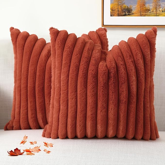 decorUhome Cozy Faux Fur Throw Pillow Covers 20x20 Set of 2 Decorative Soft Plush Striped Modern Farmhouse Boho Couch Pillow Cases with Velvet Back for Sofa Bed Living Room, Rust